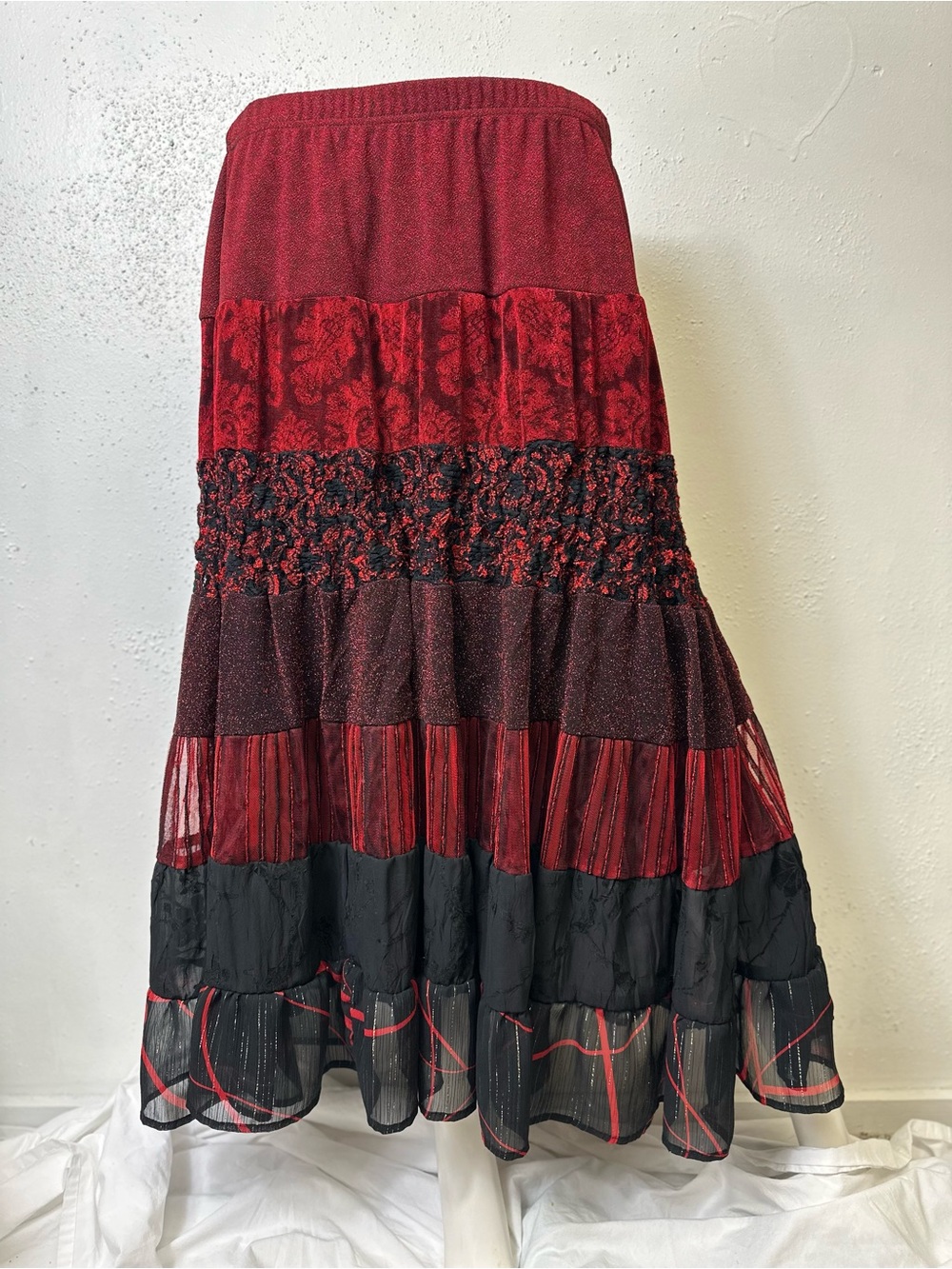 Coldwater Creek Red & Black Tiered Maxi Skirt